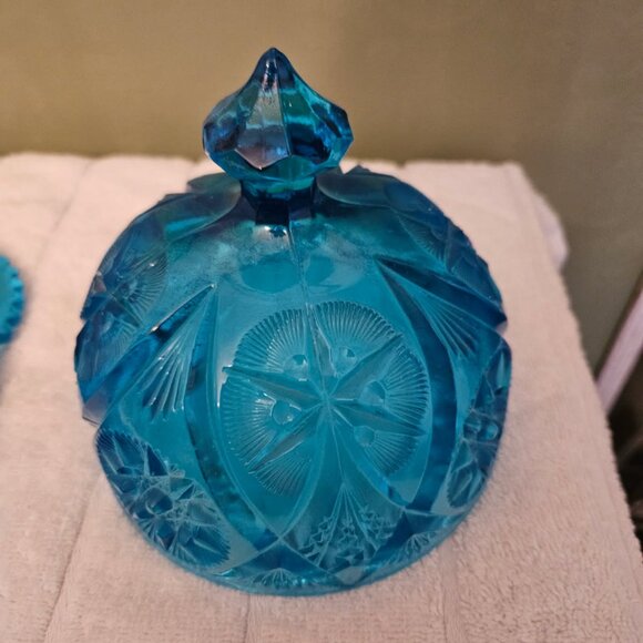Kemple Yutec Blue Star Pressed Glass Butter Dish Vintage Lidded Server - Picture 2 of 5